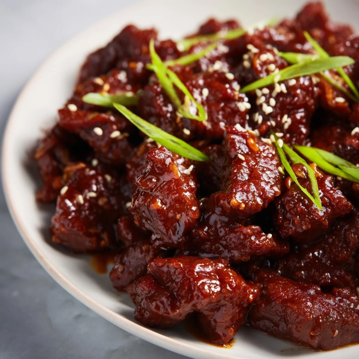 This image shows succulent Crock Pot Korean Beef served over a white bowl of fluffy white rice, ready for dinner.