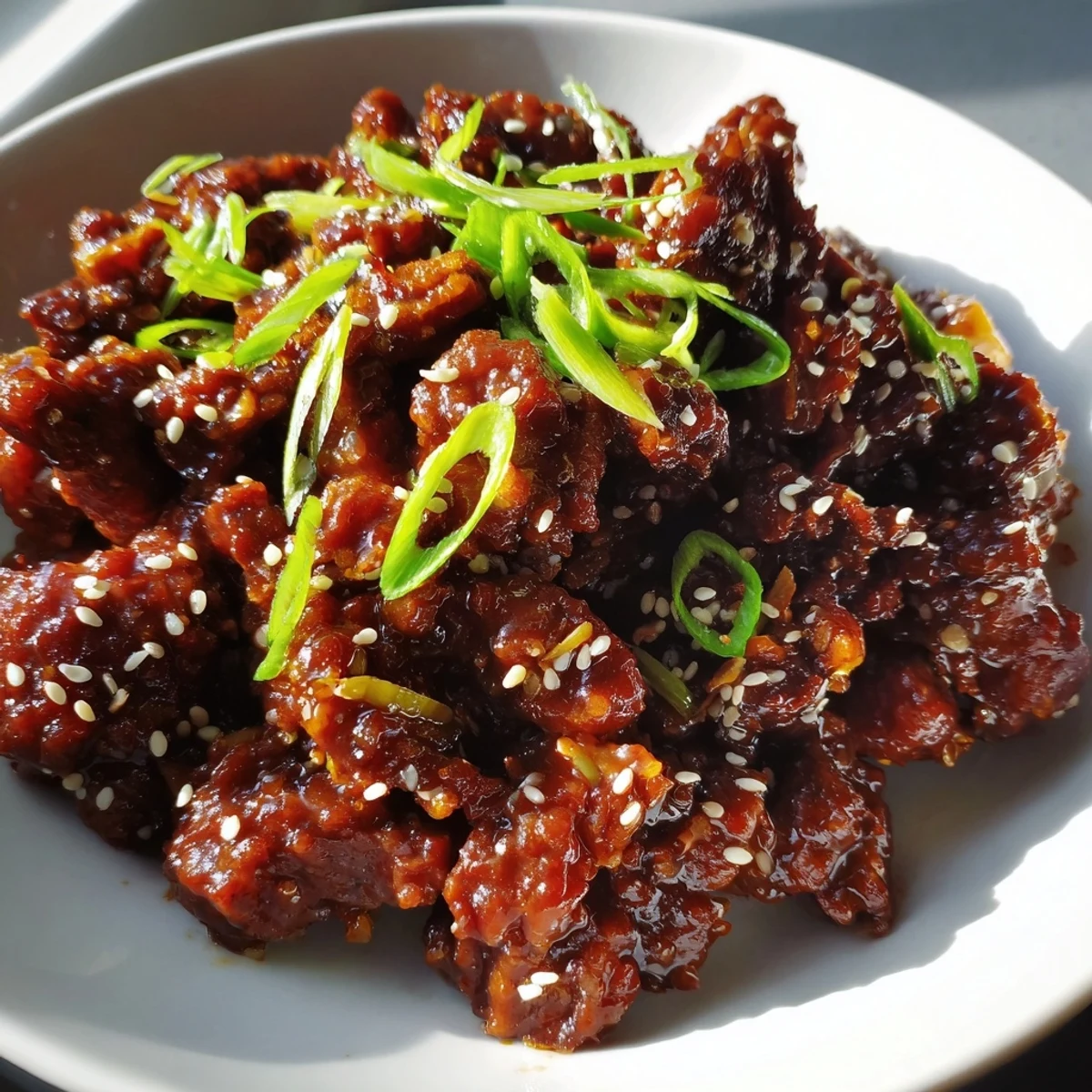 A rustic slow cooker view of Crock Pot Korean Beef with onions and sesame seeds, perfect for easy family meals.