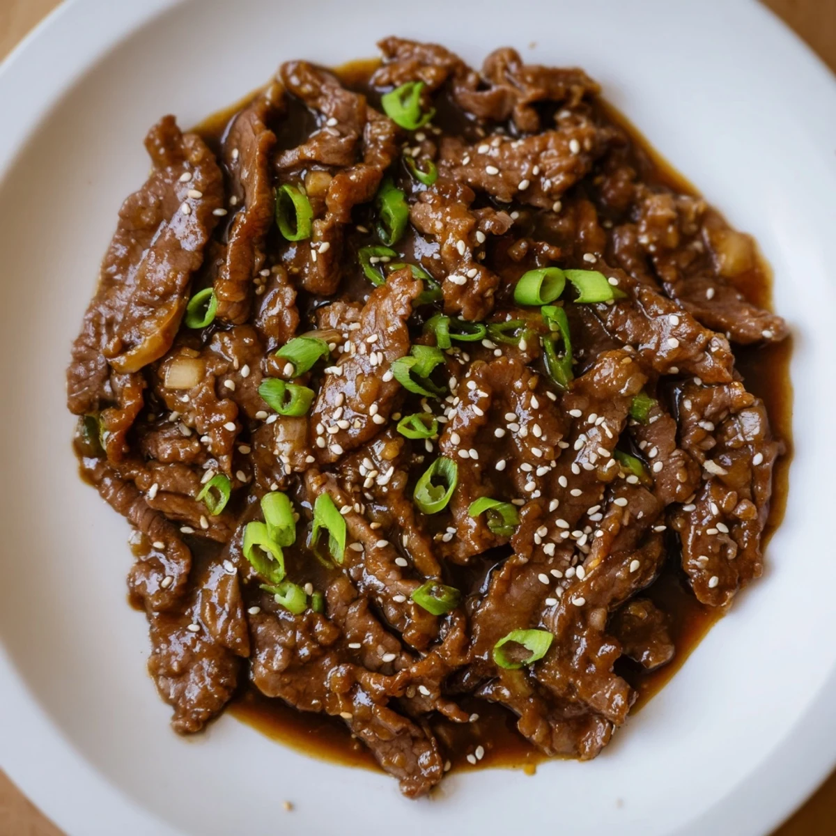 Thick, glossy strips of Ultimate Slow Cooker Mongolian Beef tossed with green onions and sesame seeds.