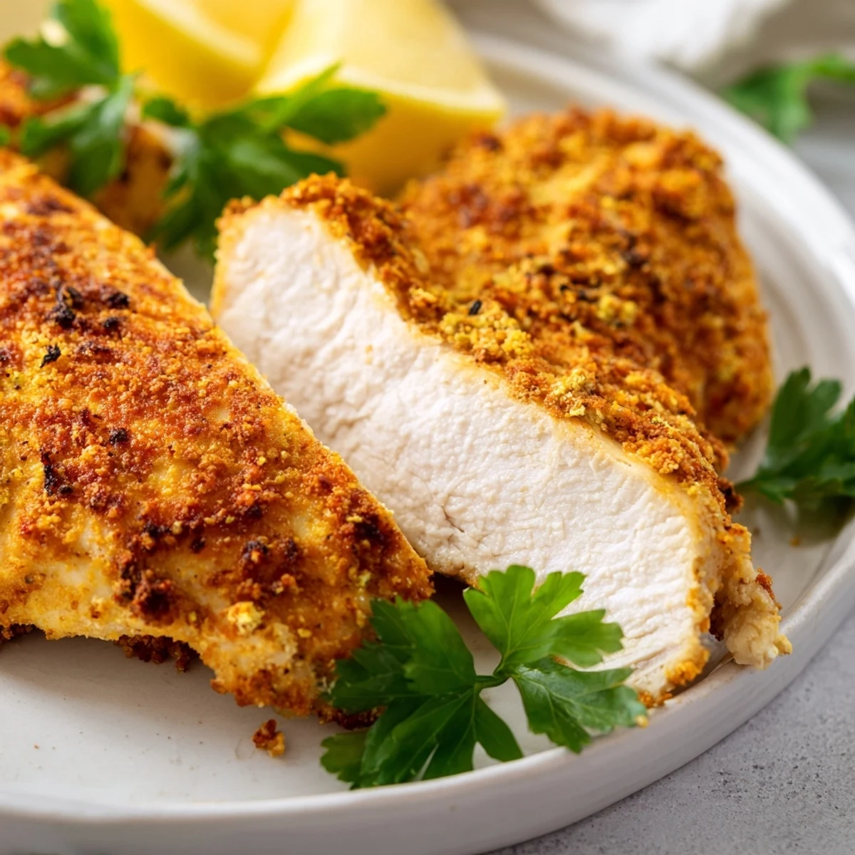 Golden-brown Oven Baked Chicken Breasts fresh from the oven, garnished with parsley and lemon wedges for a bright, tangy finish.