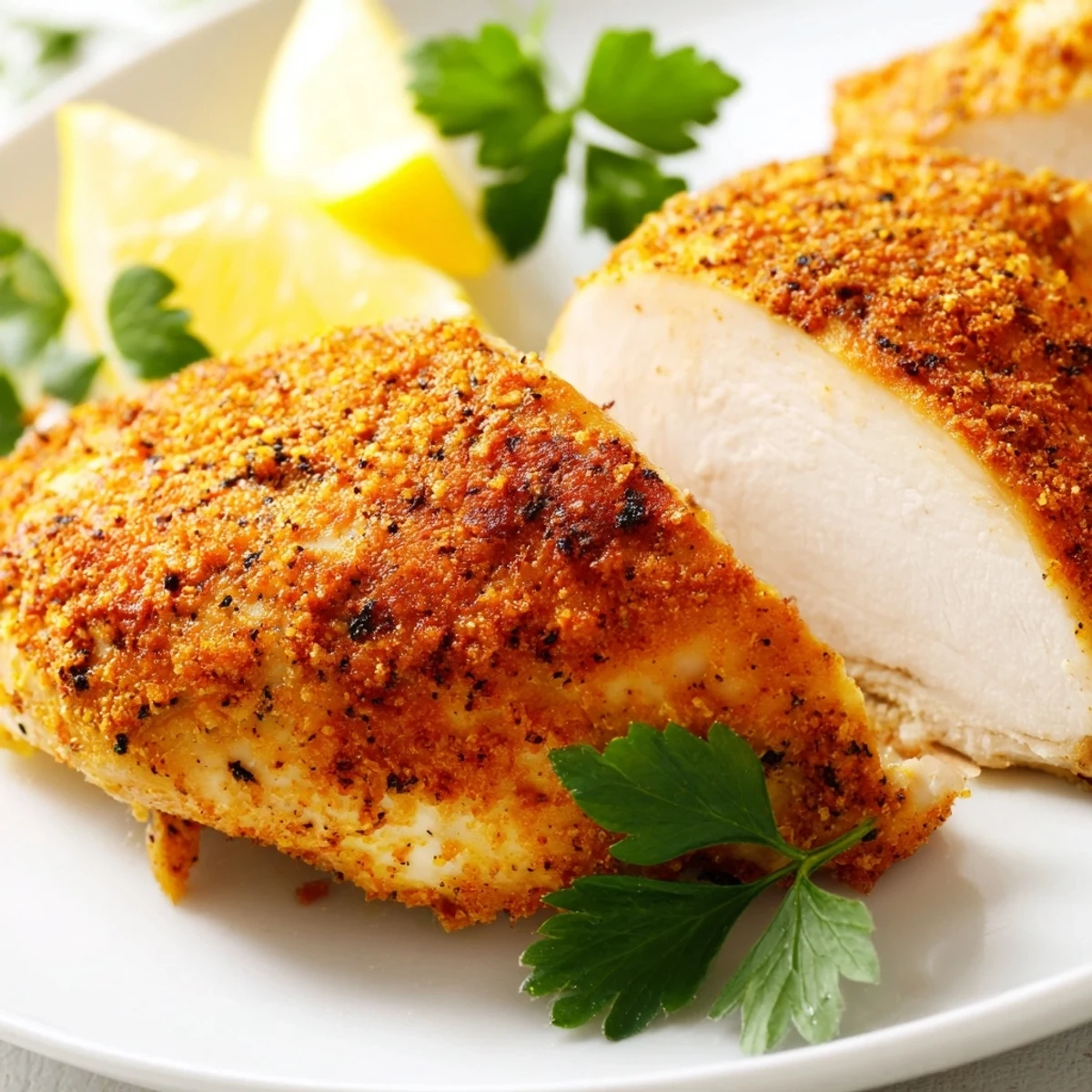 Juicy Oven Baked Chicken Breasts rest on a baking sheet, seasoned with paprika and herbs, a perfect healthy American main dish.