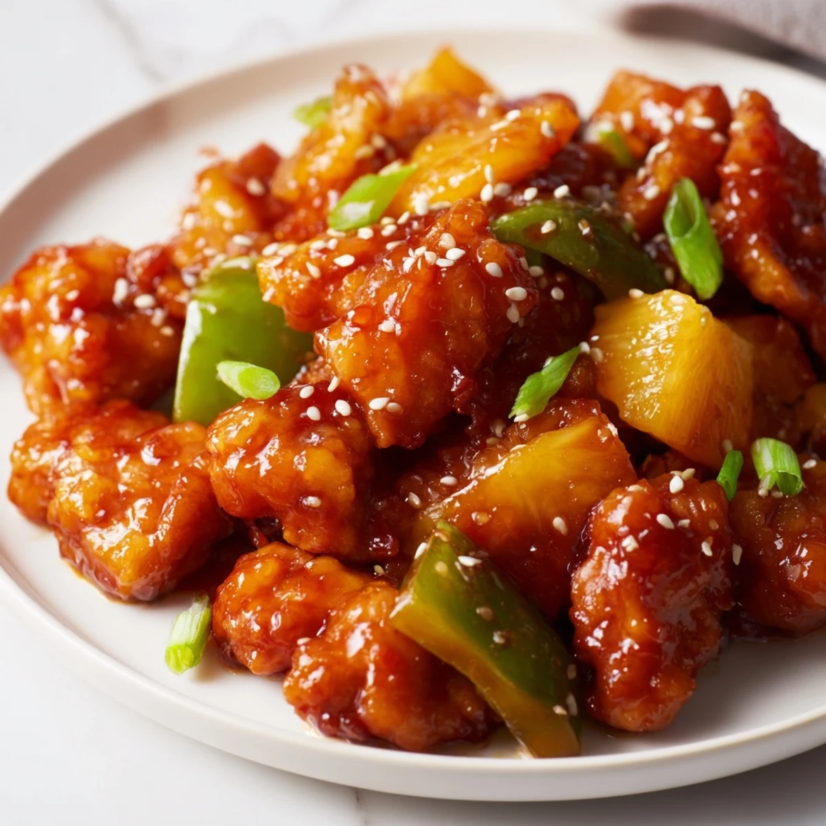 A close-up of Sweet Hawaiian Crockpot Chicken served over fluffy rice, garnished with green onions and sesame seeds.