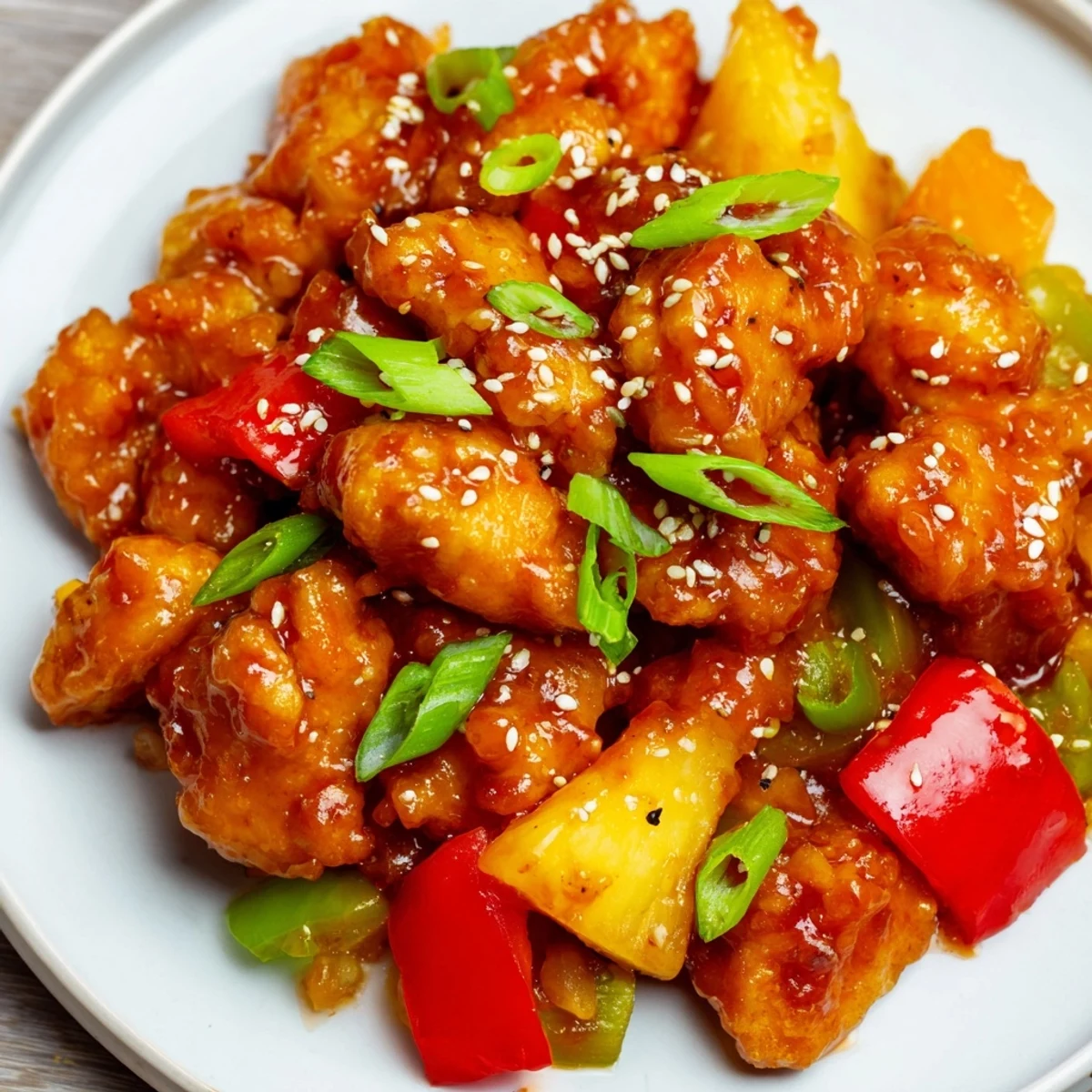 Platter of Sweet Hawaiian Crockpot Chicken featuring juicy chicken pieces and sweet peppers in a glossy sauce.
