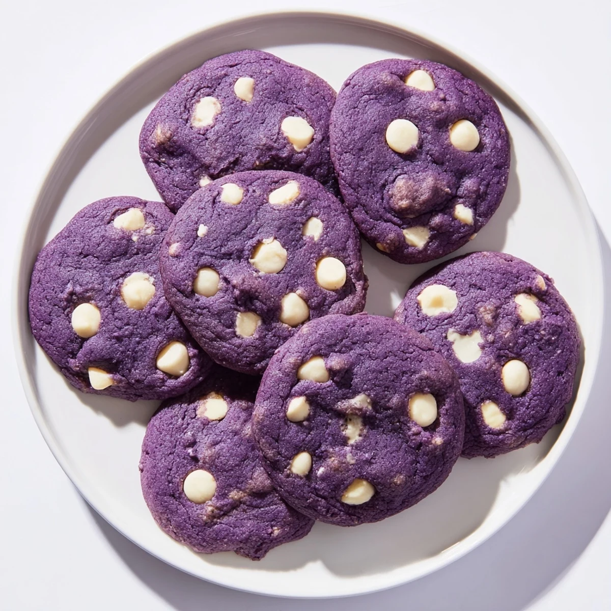 Freshly baked White Chocolate Ube Cookies with a vibrant purple hue and creamy white chocolate chips on a cooling rack.