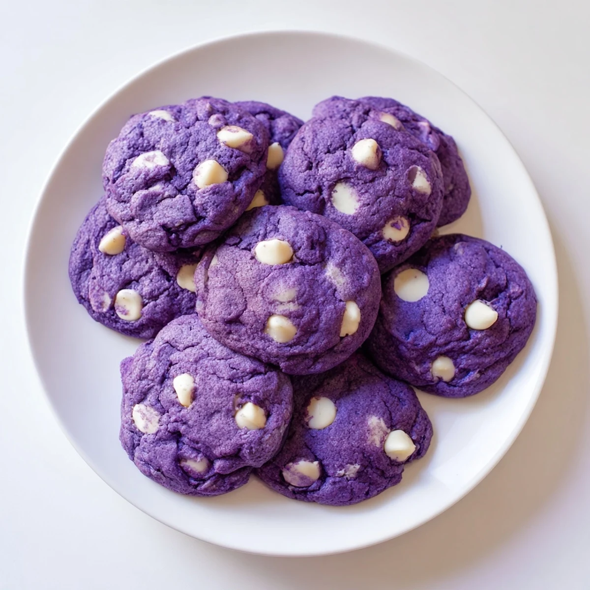 Golden edges of White Chocolate Ube Cookies show a chewy texture next to a glass of cold milk for dipping.