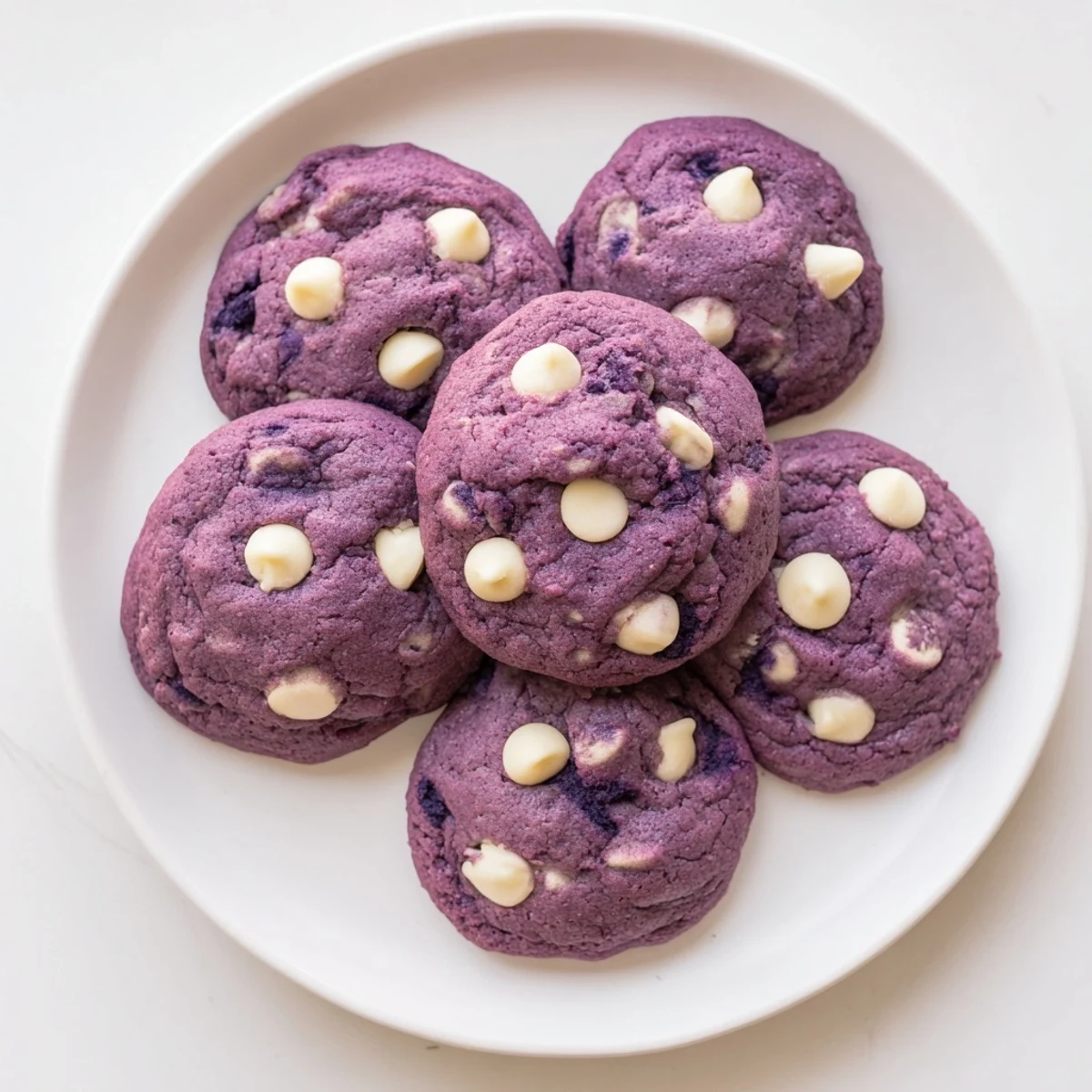 A close-up of a halved White Chocolate Ube Cookies revealing a soft, purple interior studded with melted white chocolate pieces.