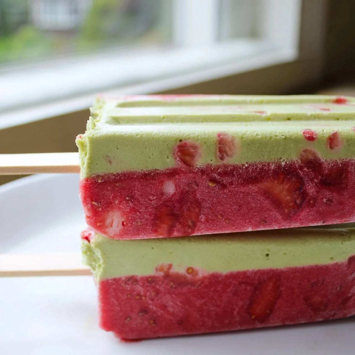 Holding a creamy Strawberry Matcha Latte Popsicle with fresh berries and mint garnish.