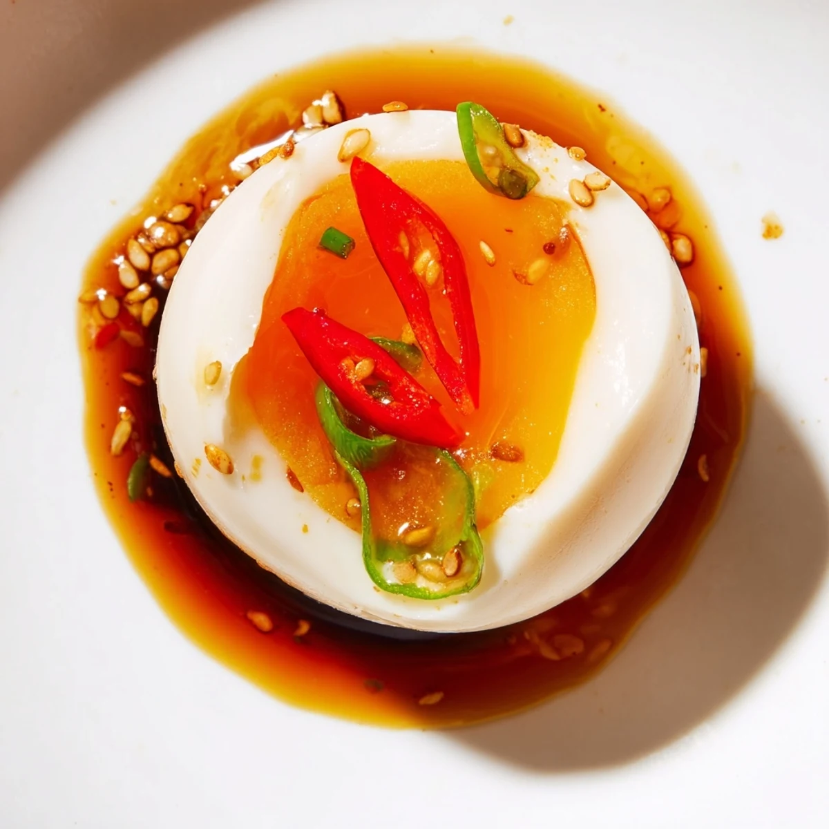 Close-up of Korean Marinated Eggs halved to show jammy yolks beside chopsticks on wood table