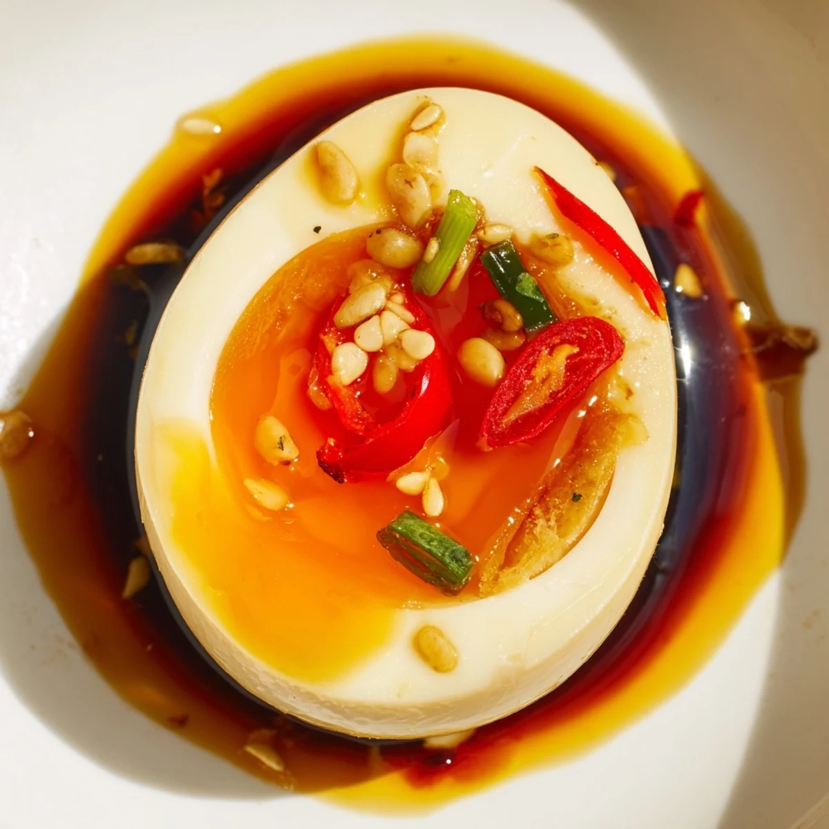 Korean Marinated Eggs glistening with soy sauce glaze and sesame seeds on a rice bowl