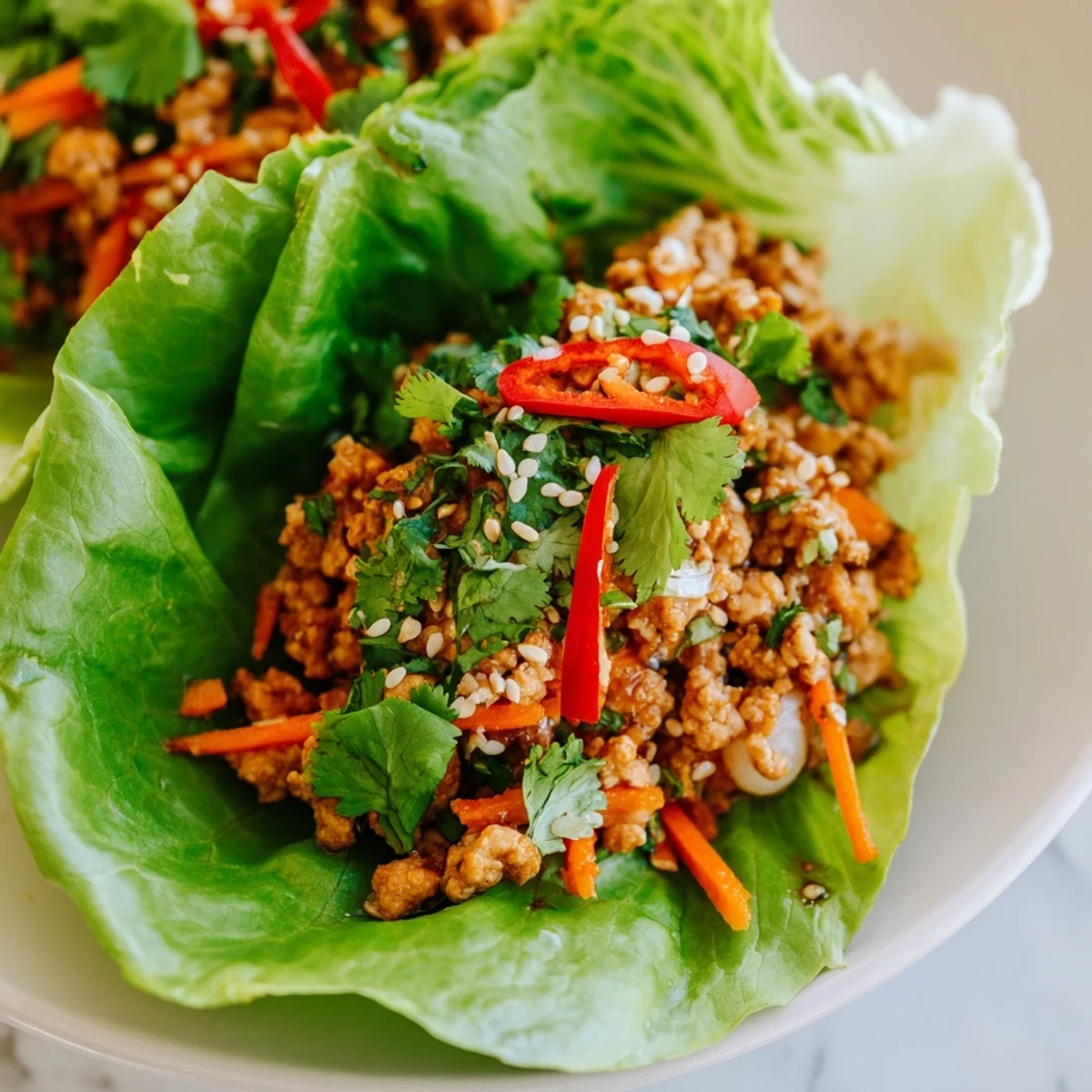 Juicy chicken mixture in crisp butter lettuce boats makes these Potsticker Chicken Lettuce Boats a fresh, low-carb meal.