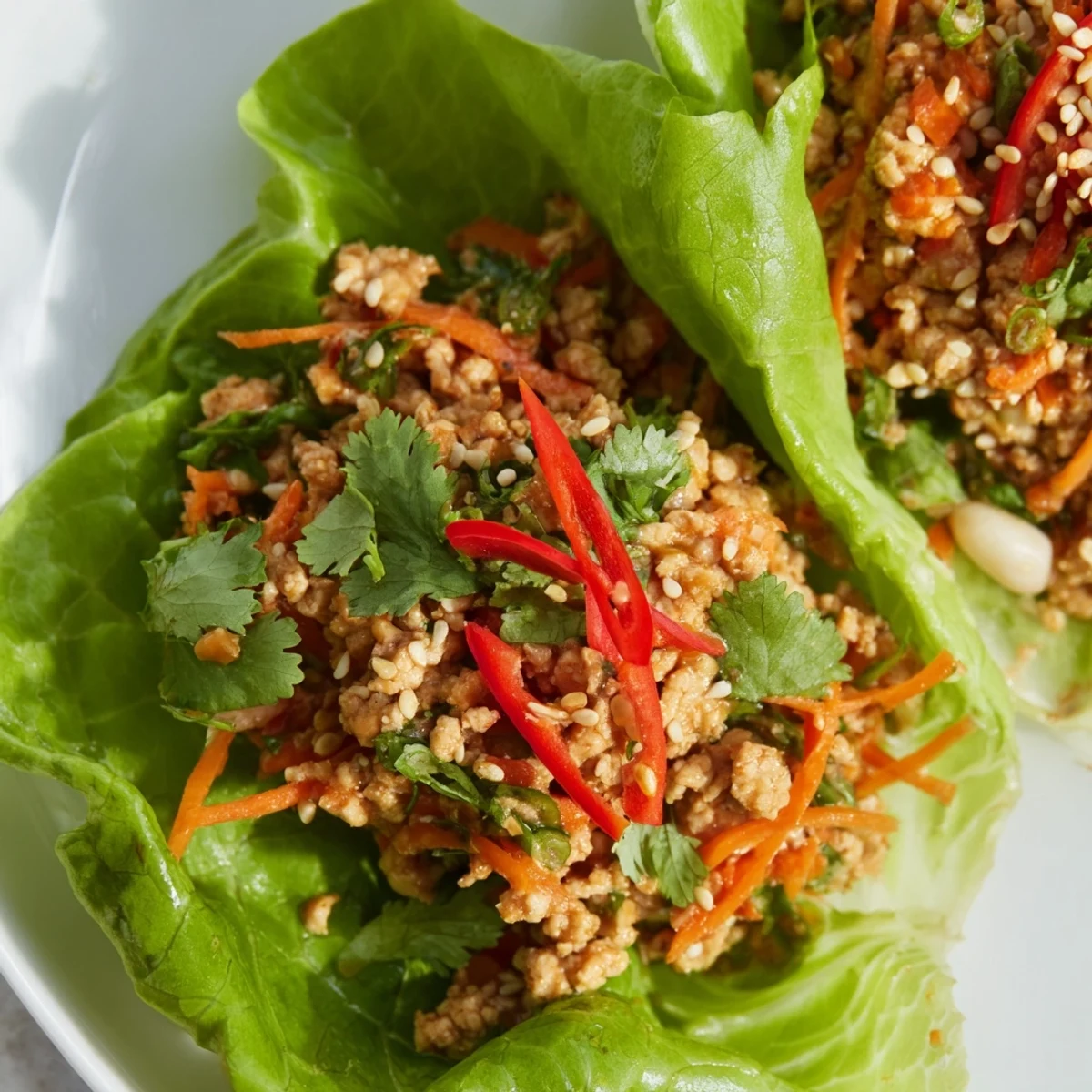 Spooned into lettuce cups, Potsticker Chicken Lettuce Boats offer savory chicken, crunchy carrots, and sesame garnish.