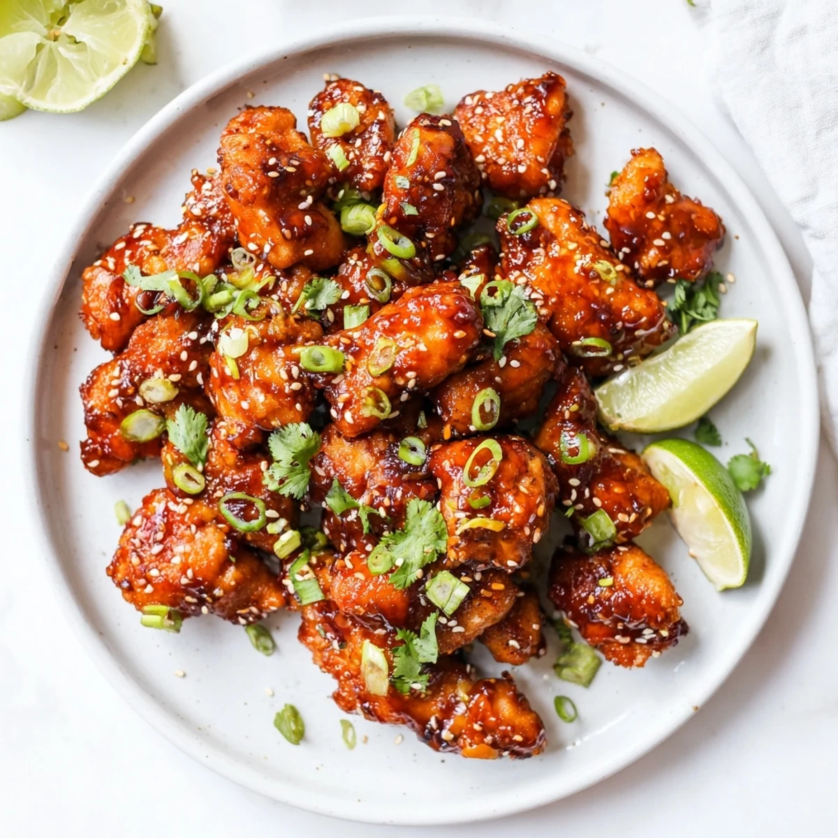 Close up of Sweet and Spicy Thai Chicken showing saucy texture with steamed rice and green onions for a flavorful dinner.