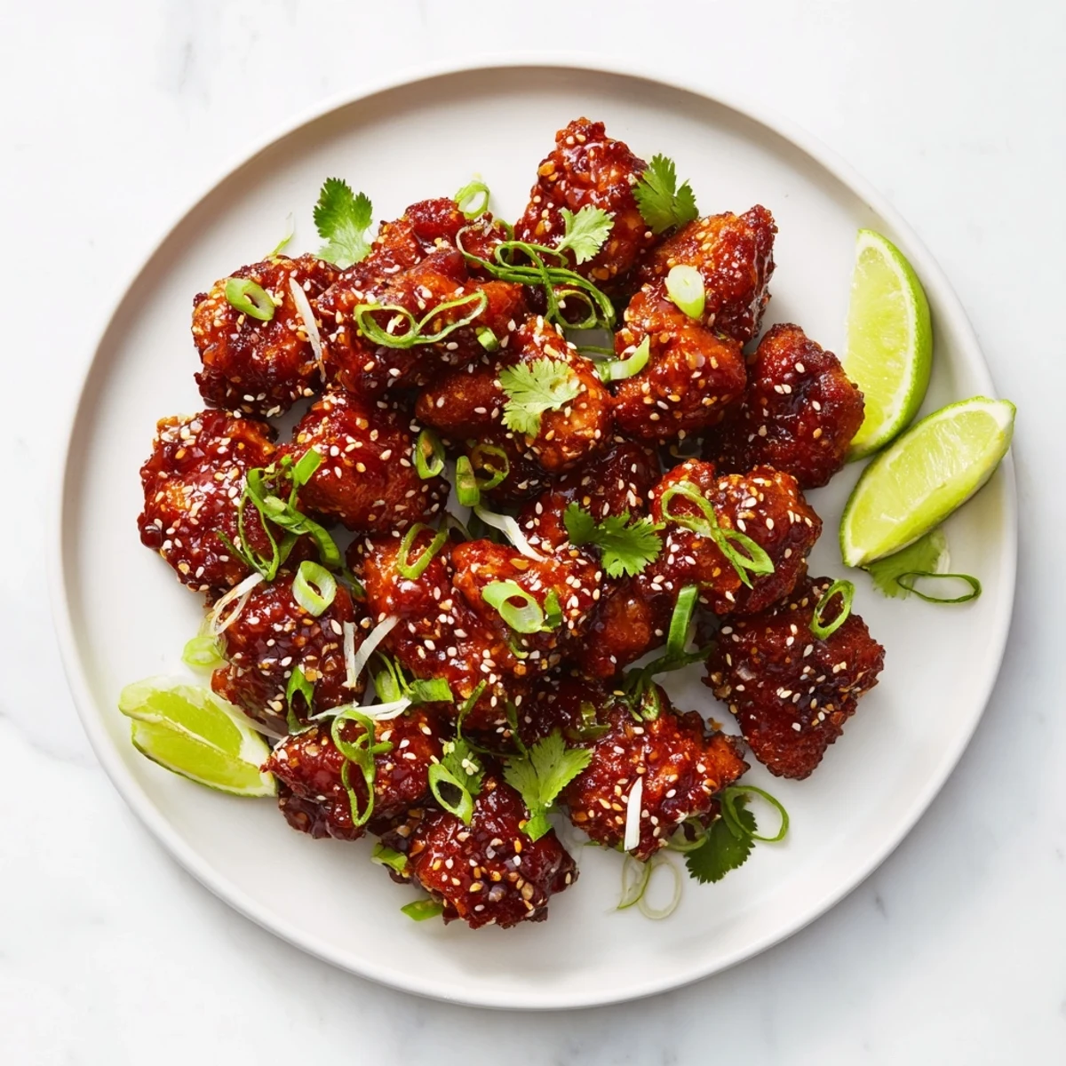 Tender glazed chicken pieces from the Sweet and Spicy Thai Chicken recipe served over jasmine rice with lime and cilantro garnish.