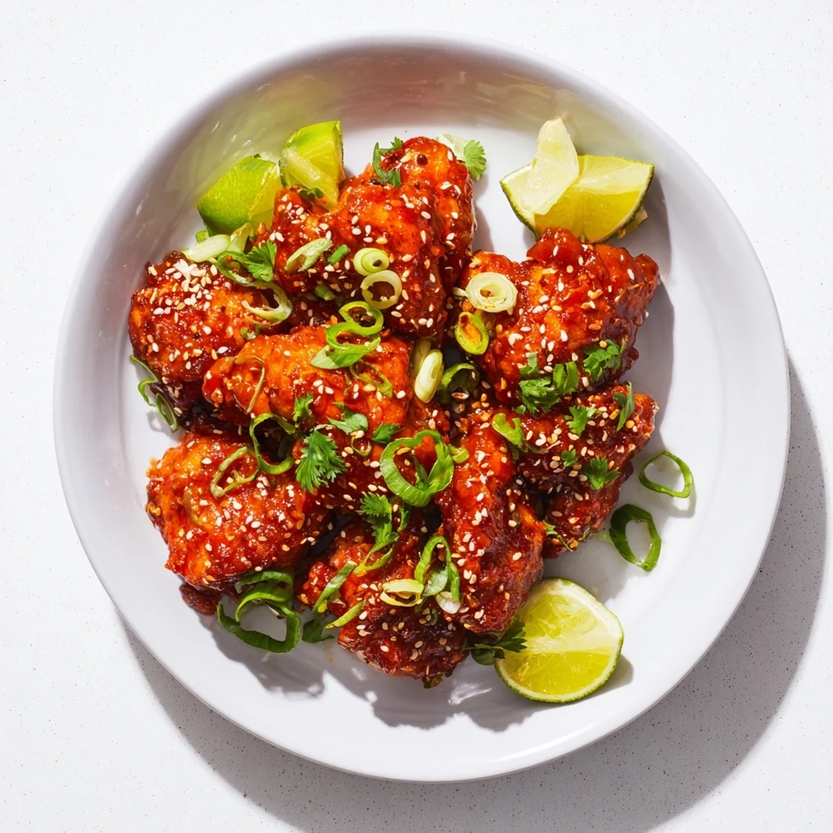 Sweet and Spicy Thai Chicken plated in a skillet with vibrant sauce, sesame seeds, and lime wedges for serving.