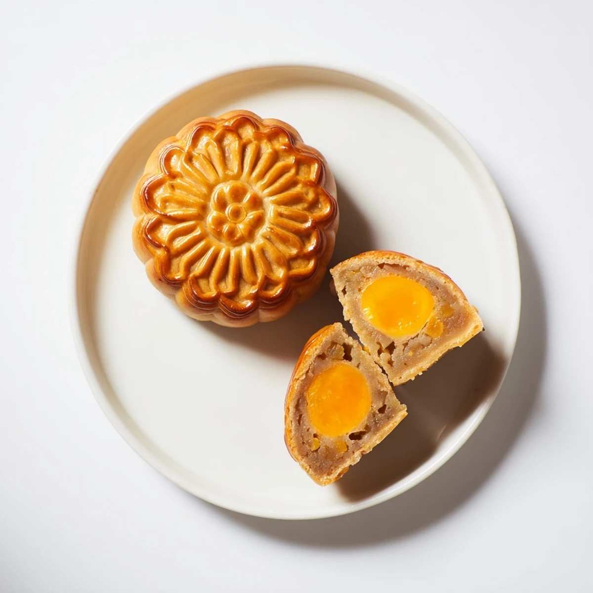 Golden brown Mooncake with a dense lotus seed filling, resting on a cooling rack after baking.