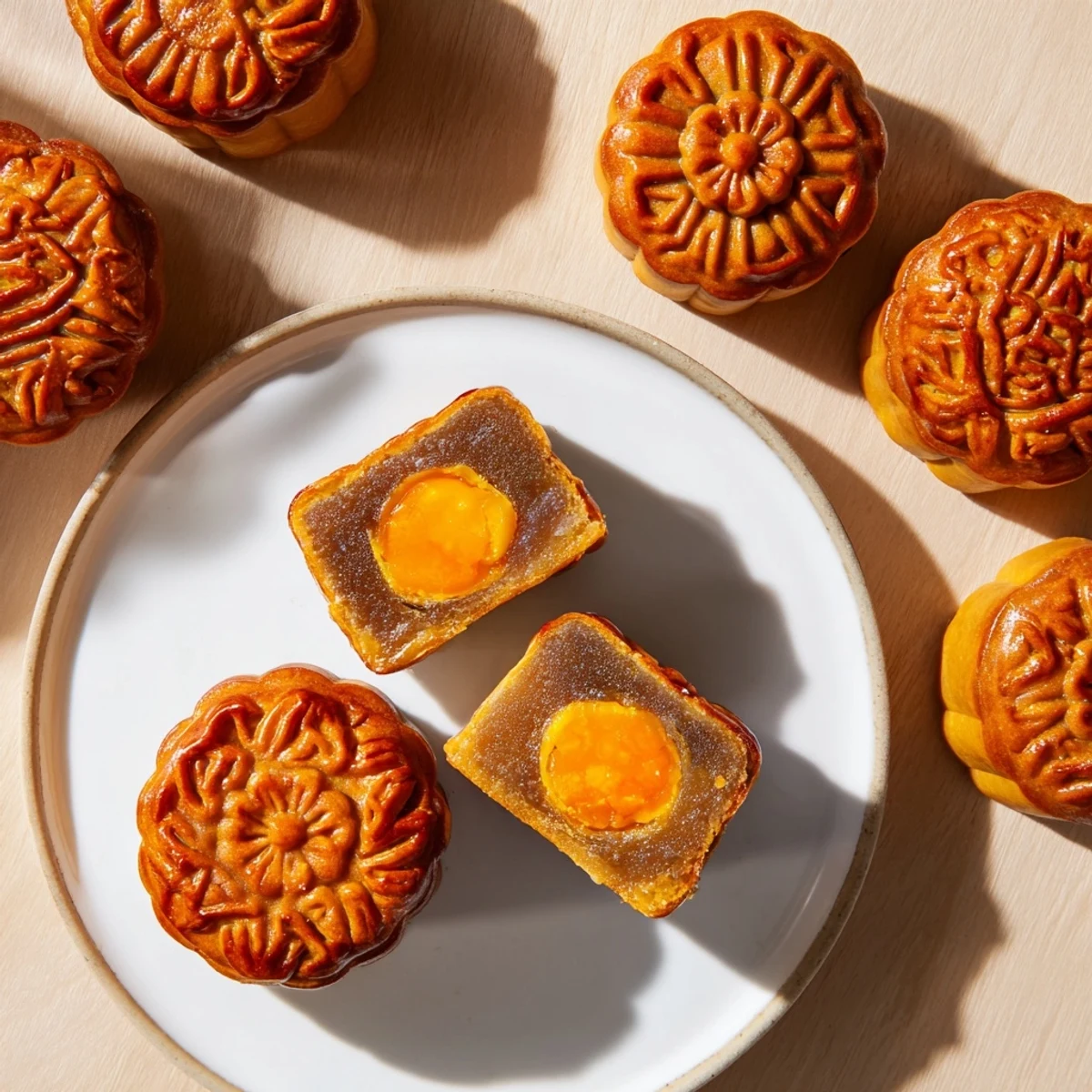 Sweet Mooncake cut in half, revealing the rich red bean paste and a salted egg yolk center.