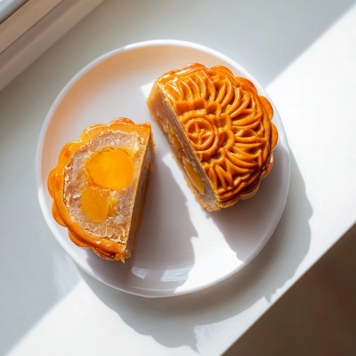 Traditional Chinese Mooncake with a stamped pattern and glossy glaze, served beside a steaming cup of tea.