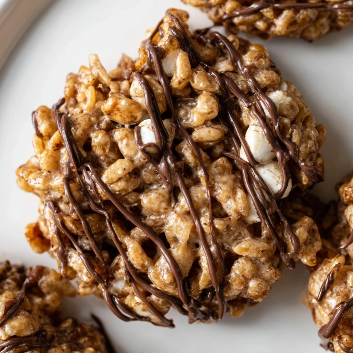 A close-up of No Bake Coffee Crunch Rice Krispie Cookies on a rustic wooden board, showing crispy texture and chocolate drizzle.