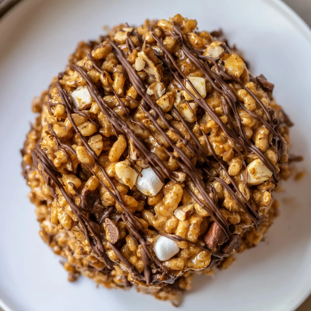 Golden No Bake Coffee Crunch Rice Krispie Cookies stacked on a white plate, perfect for an afternoon coffee snack.
