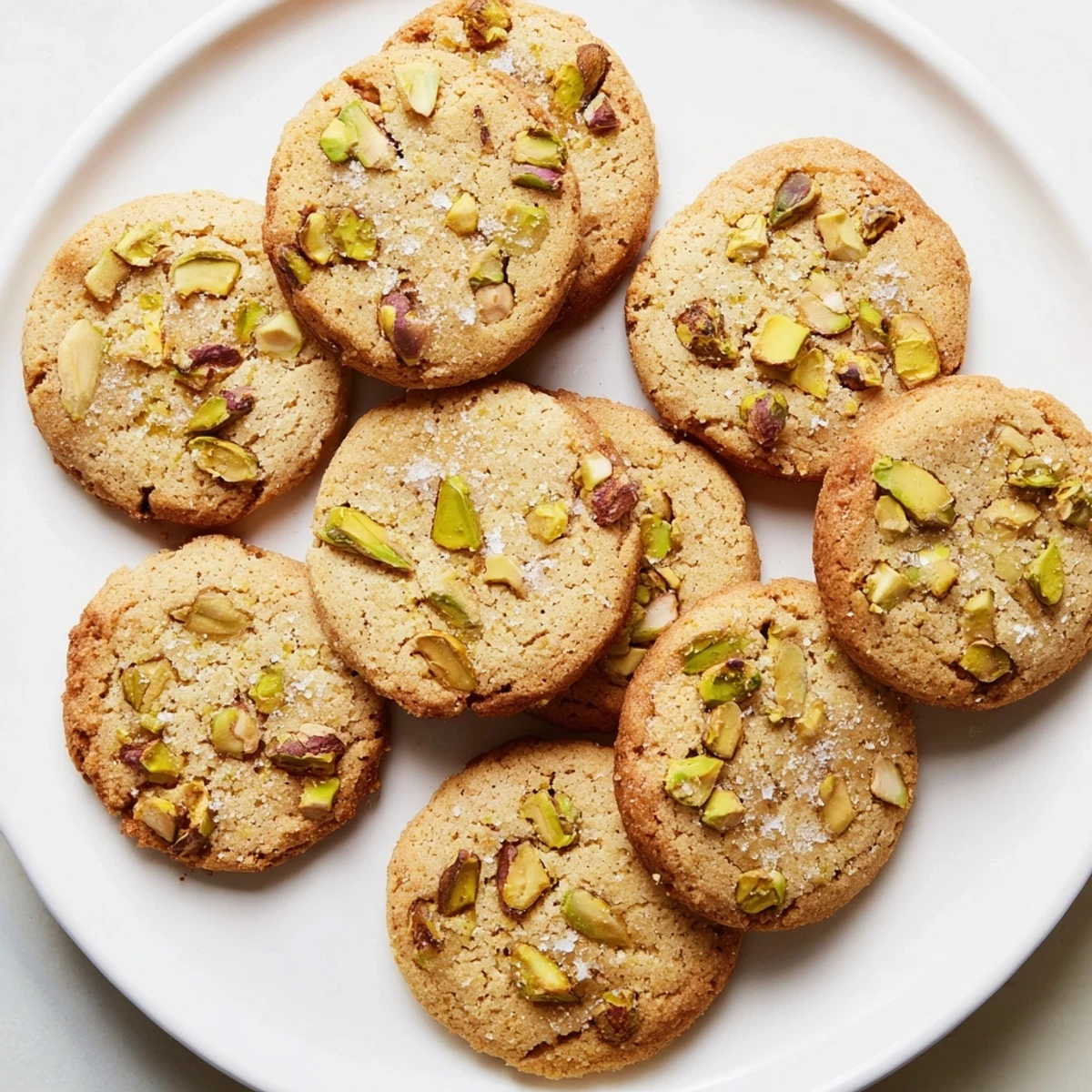 Freshly baked Salted Honey Pistachio Cookies stacked on a white plate, showing a chewy, soft texture.  