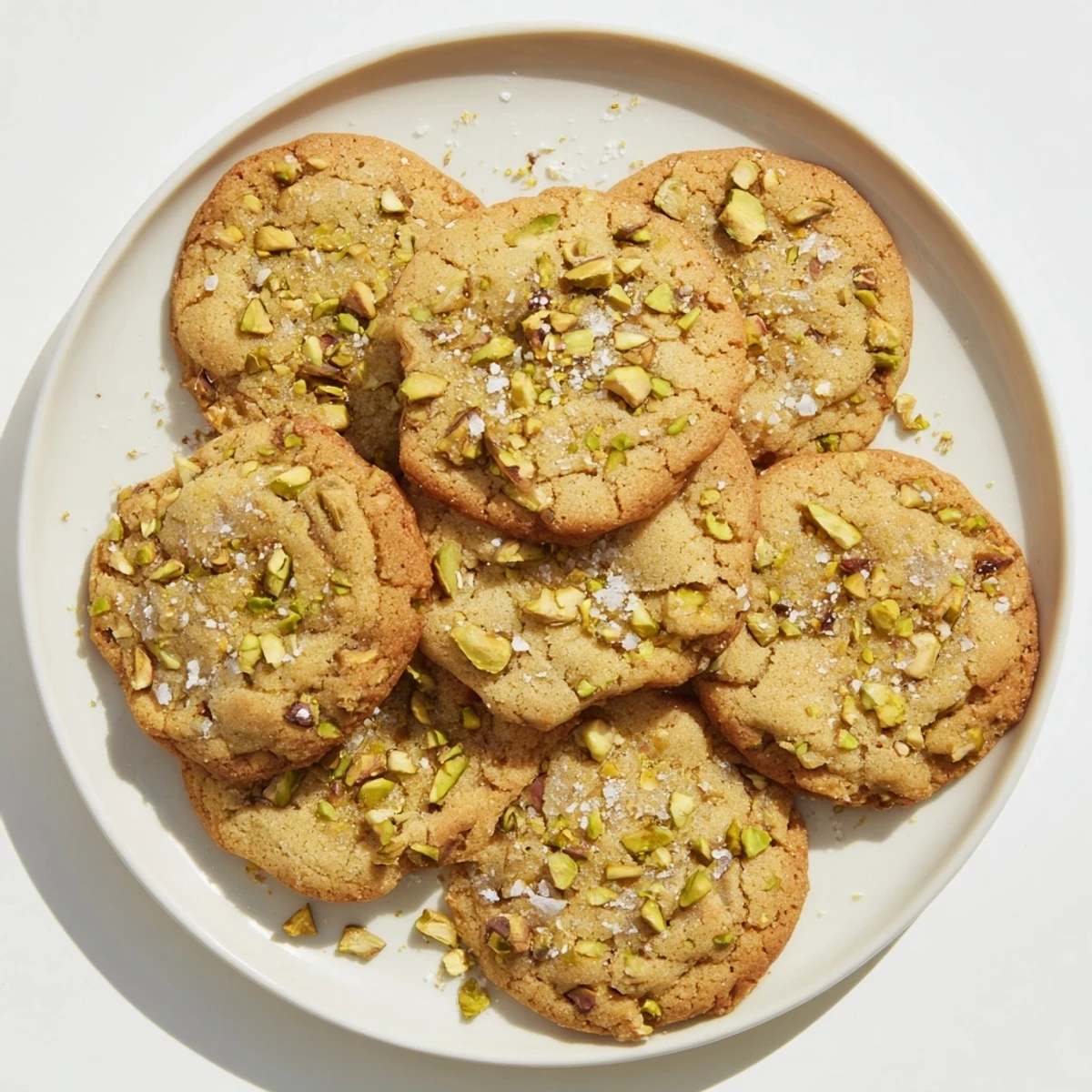Golden-brown Salted Honey Pistachio Cookies on a cooling rack with visible pistachio chunks and sea salt flakes.  