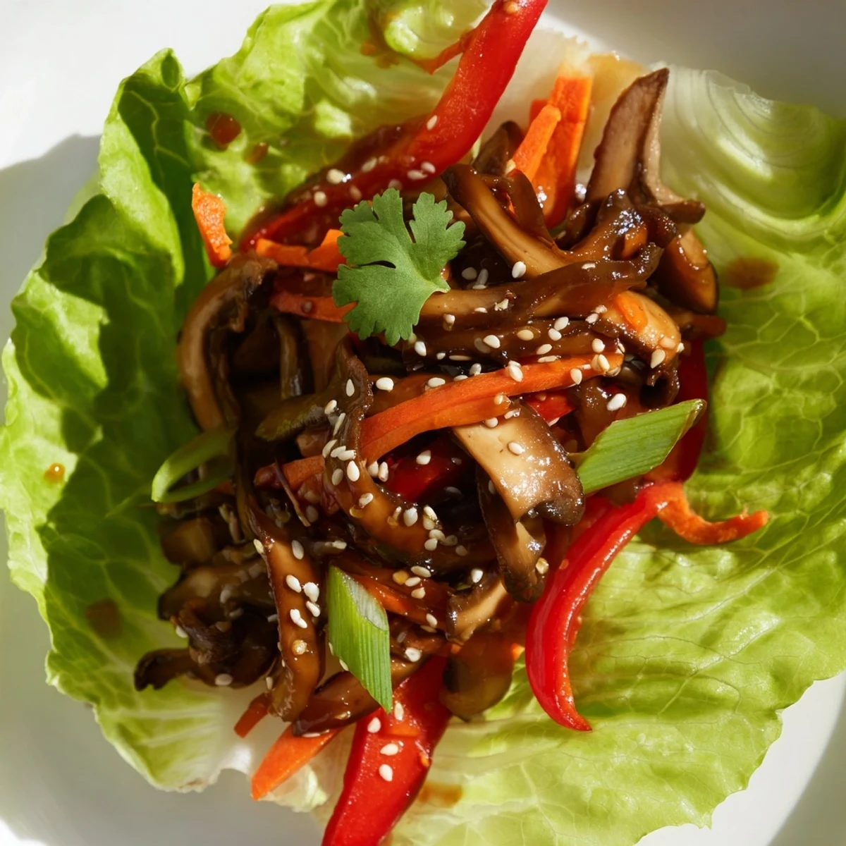 Sautéed Shiitake Mushroom Lettuce Wraps stuffed with crisp veggies and sesame seeds, served warm on fresh green leaves.