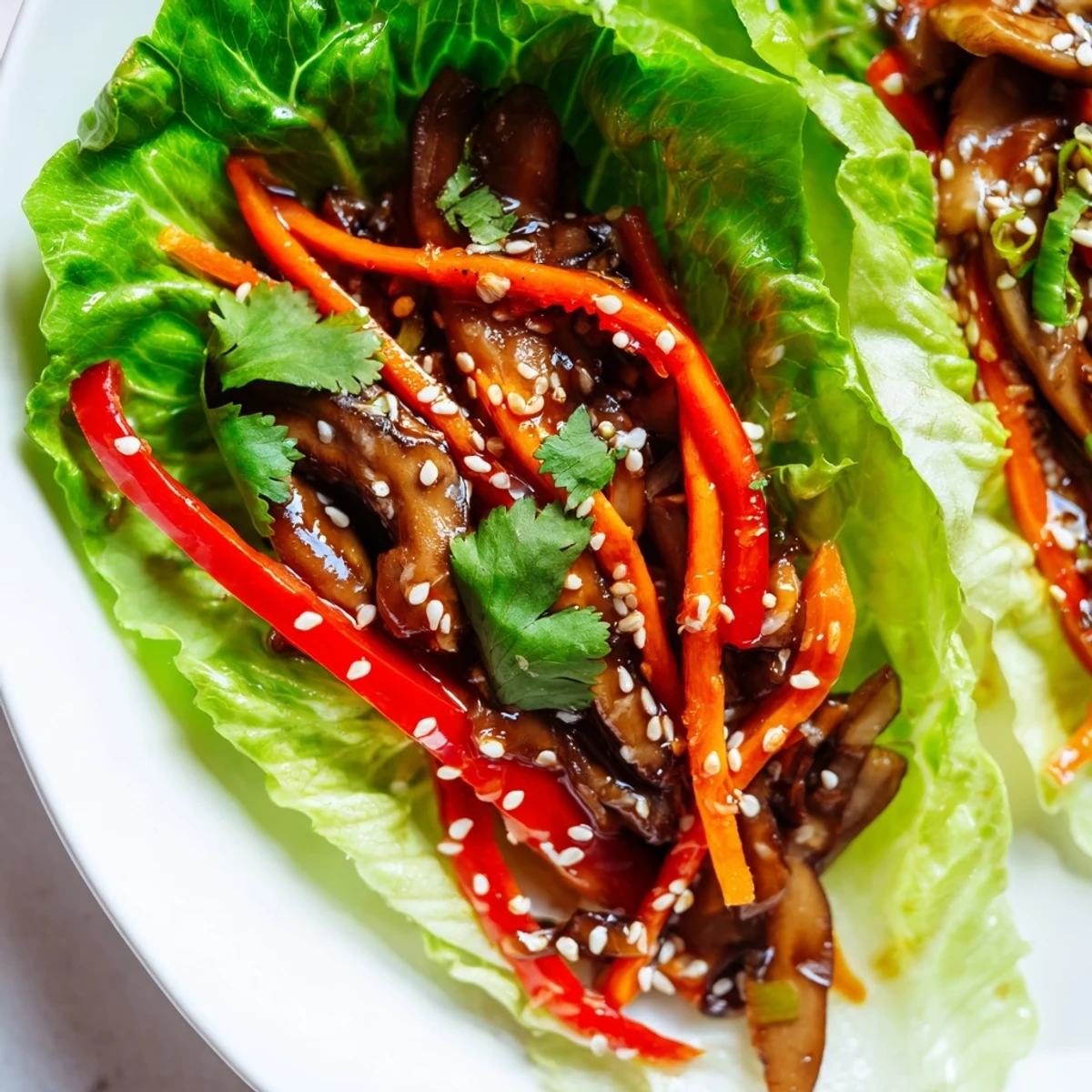 Buttery lettuce cups filled with savory Shiitake Mushroom Lettuce Wraps, garnished with cilantro and ready to eat by hand.