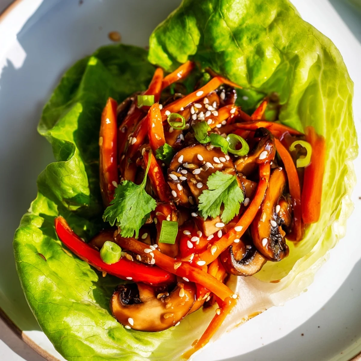 Asian-inspired Shiitake Mushroom Lettuce Wraps plated on a white dish with bright vegetables and drizzled with glossy sauce.