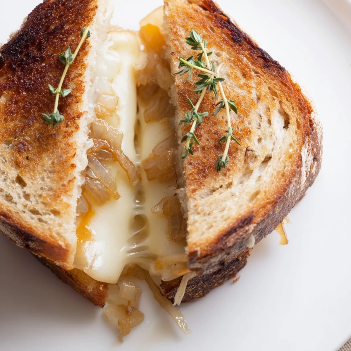 Freshly grilled slices of Pear, Apple & Grilled Cheese with Caramelized Onions melting on a wooden board.