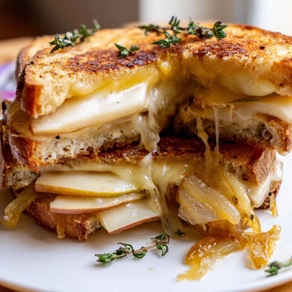 Stack of four warm Pear, Apple & Grilled Cheese with Caramelized Onions ready to eat for dinner.