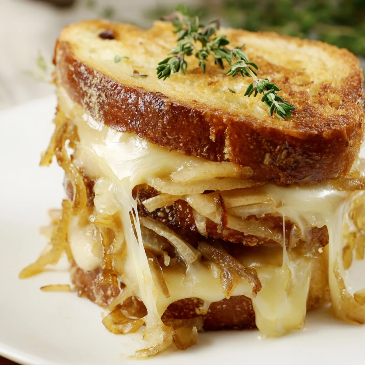 Close-up of a golden-brown Pear, Apple & Graved Cheese with Caramelized Onions sandwich served with arugula.