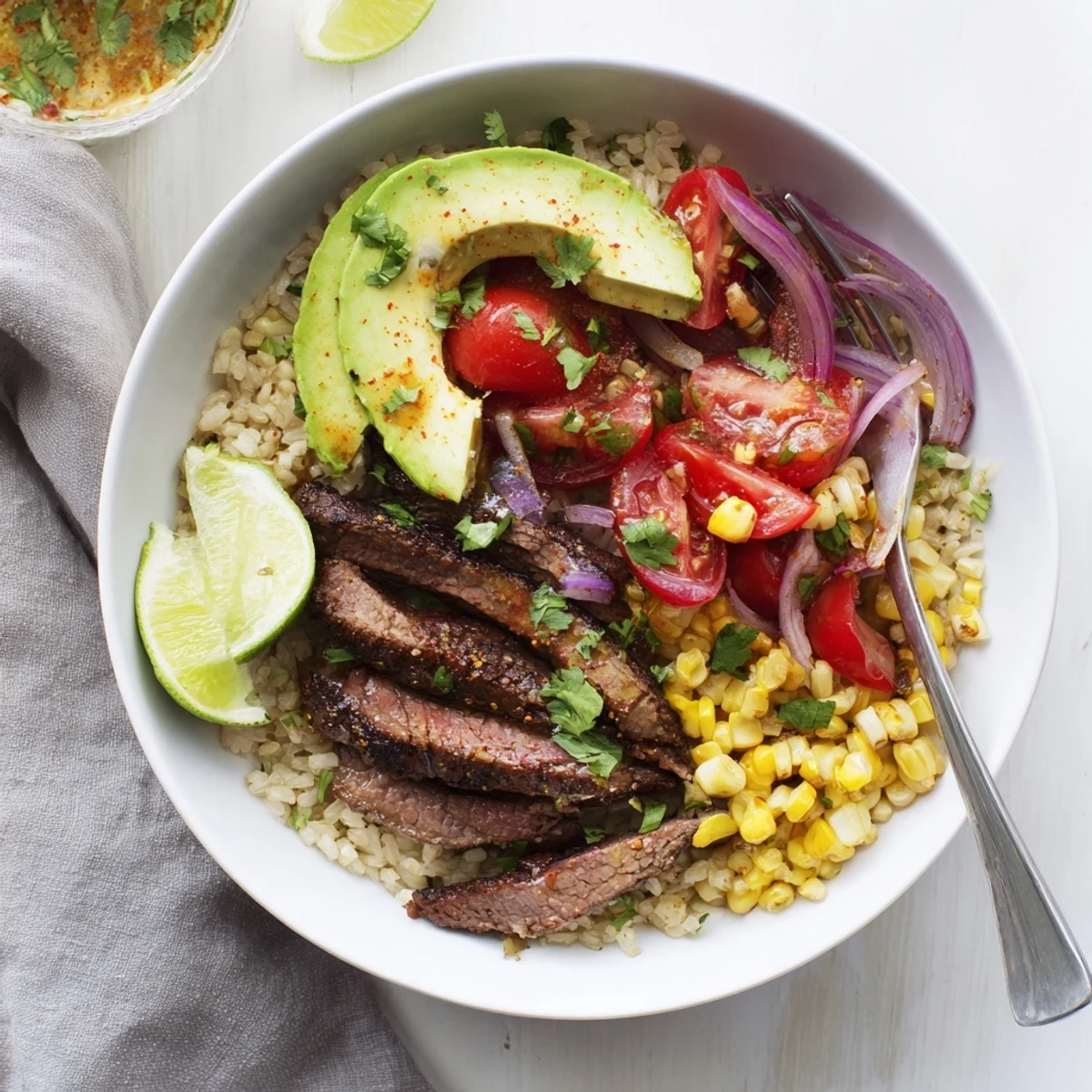 Sliced grilled steak, creamy avocado, and golden roasted corn fill this hearty Steak Avocado Roasted Corn Bowl.