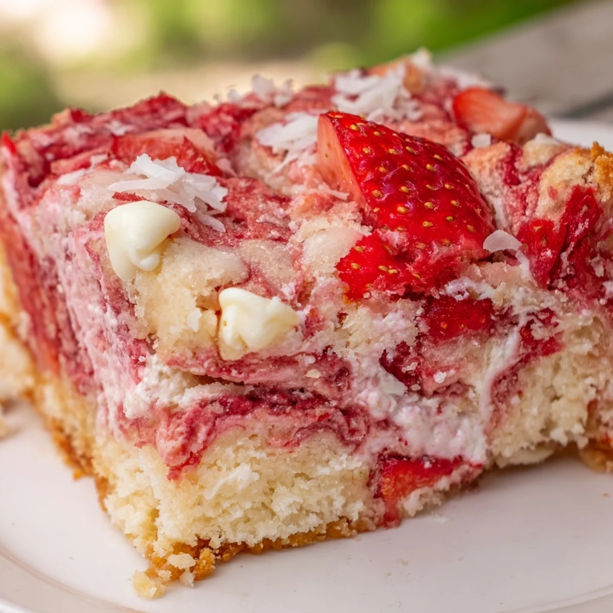 A slice of Strawberry Earthquake Cake with marbled cream cheese and white chocolate on a wooden table.