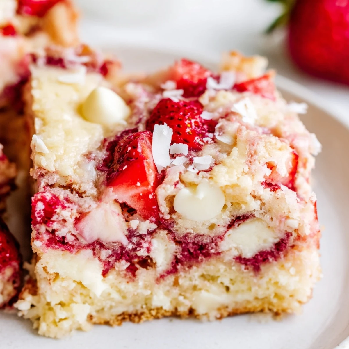 Strawberry Earthquake Cake topped with fresh strawberries and coconut served on a white ceramic plate.