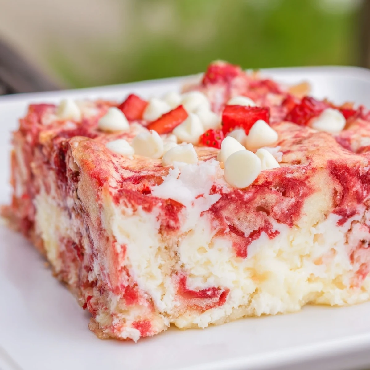 Warm Strawberry Earthquake Cake with gooey white chocolate chips and a fork nearby for serving.