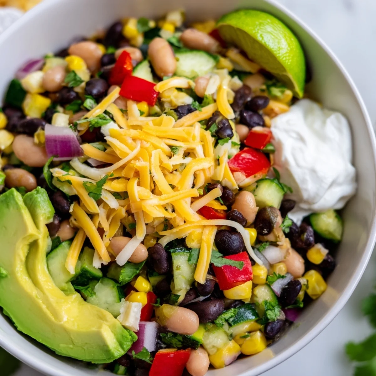 Vibrant Southwest Spice Green Chile Bowl in a rustic bowl topped with creamy avocado, shredded cheddar, and fresh cilantro on a wooden table.