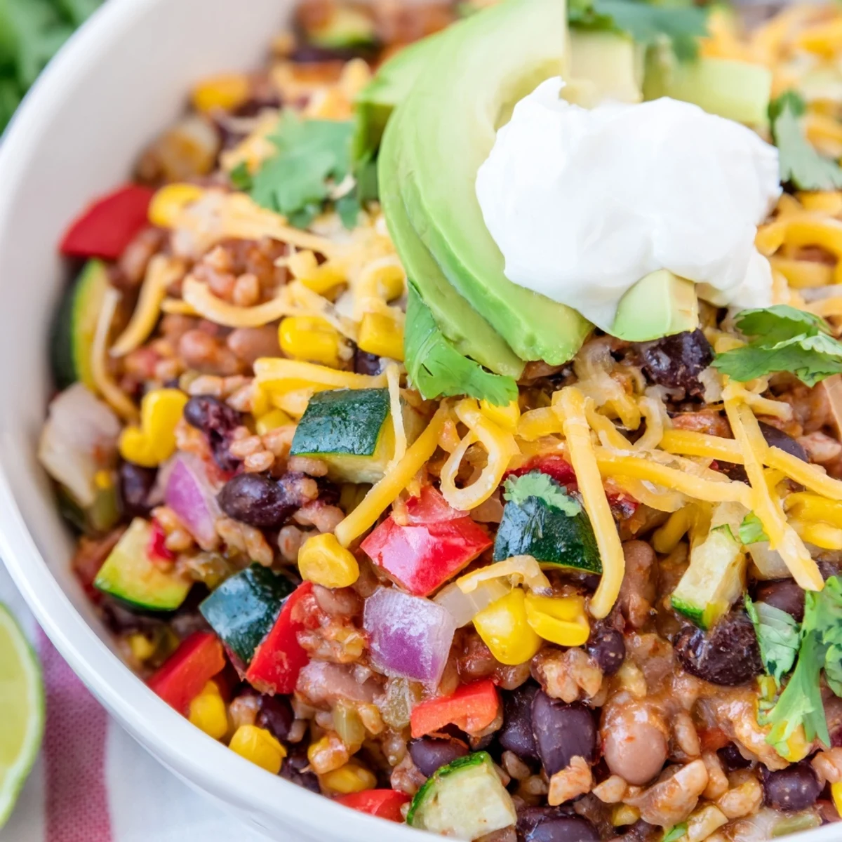 Southwest Spice Green Chile Bowl simmering in a skillet with diced vegetables and beans, steam rising and lime wedges ready for serving.