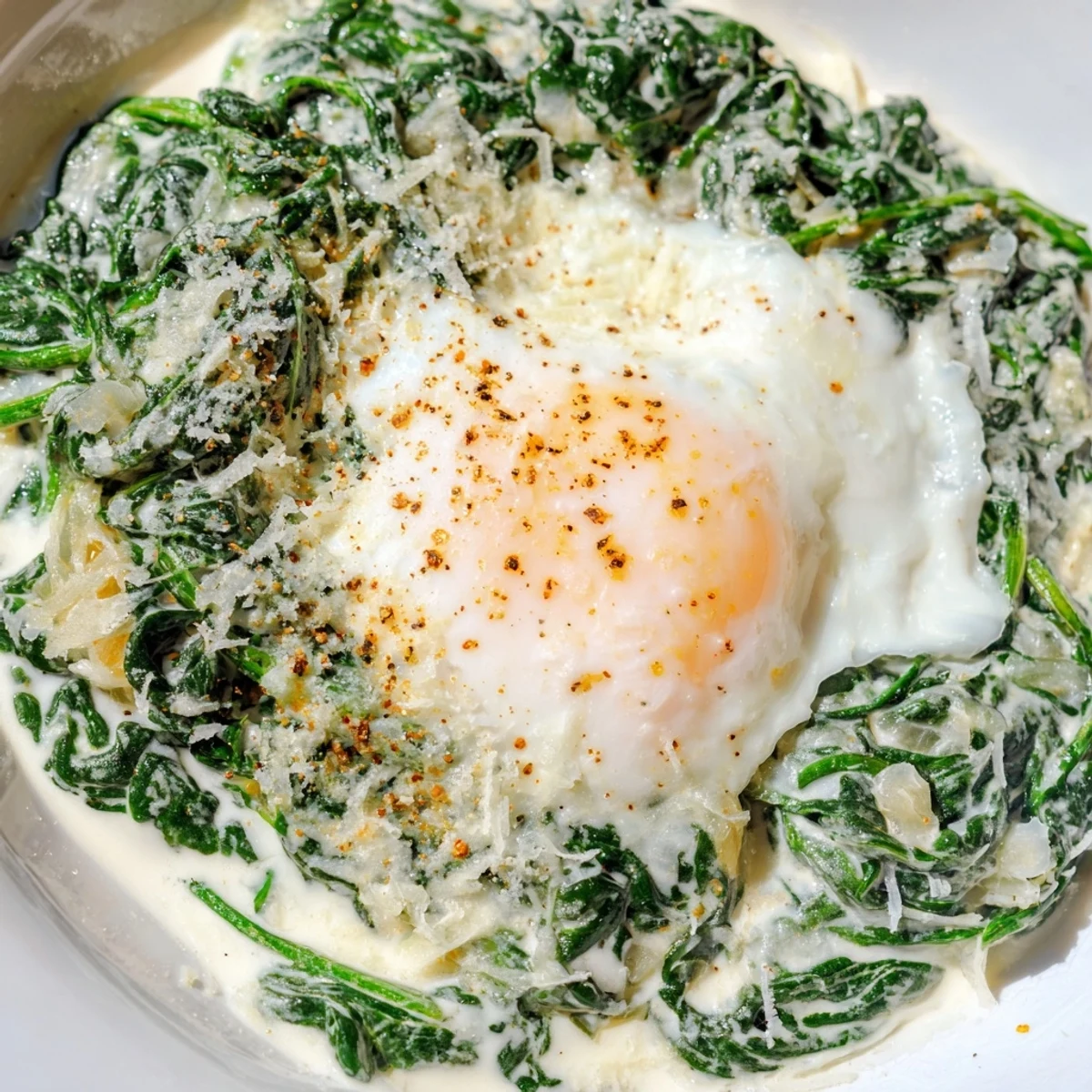 Steaming Creamy Spinach and Eggs served in a rustic skillet with bright green spinach and soft runny yolks.