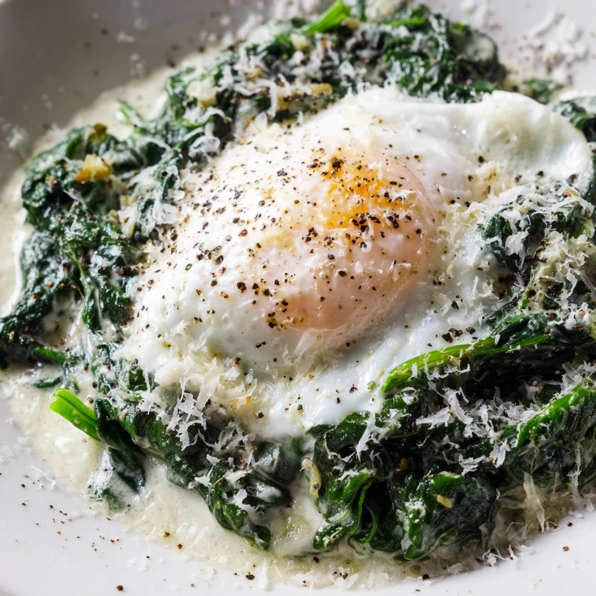 Creamy Spinach and Eggs in a skillet topped with grated Parmesan beside a slice of gluten-free toast.