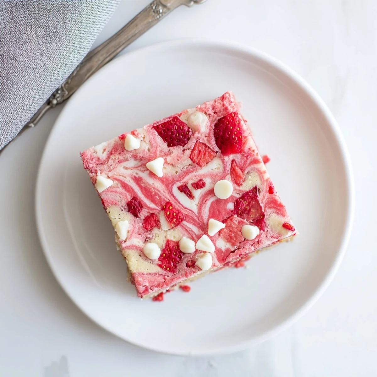 A slice of Strawberry Earthquake Cake with a gooey cream cheese swirl and fresh berries.