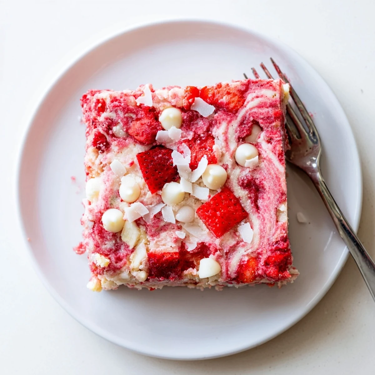 Strawberry Earthquake Cake reveals a marbled interior with juicy strawberries and white chocolate chips.