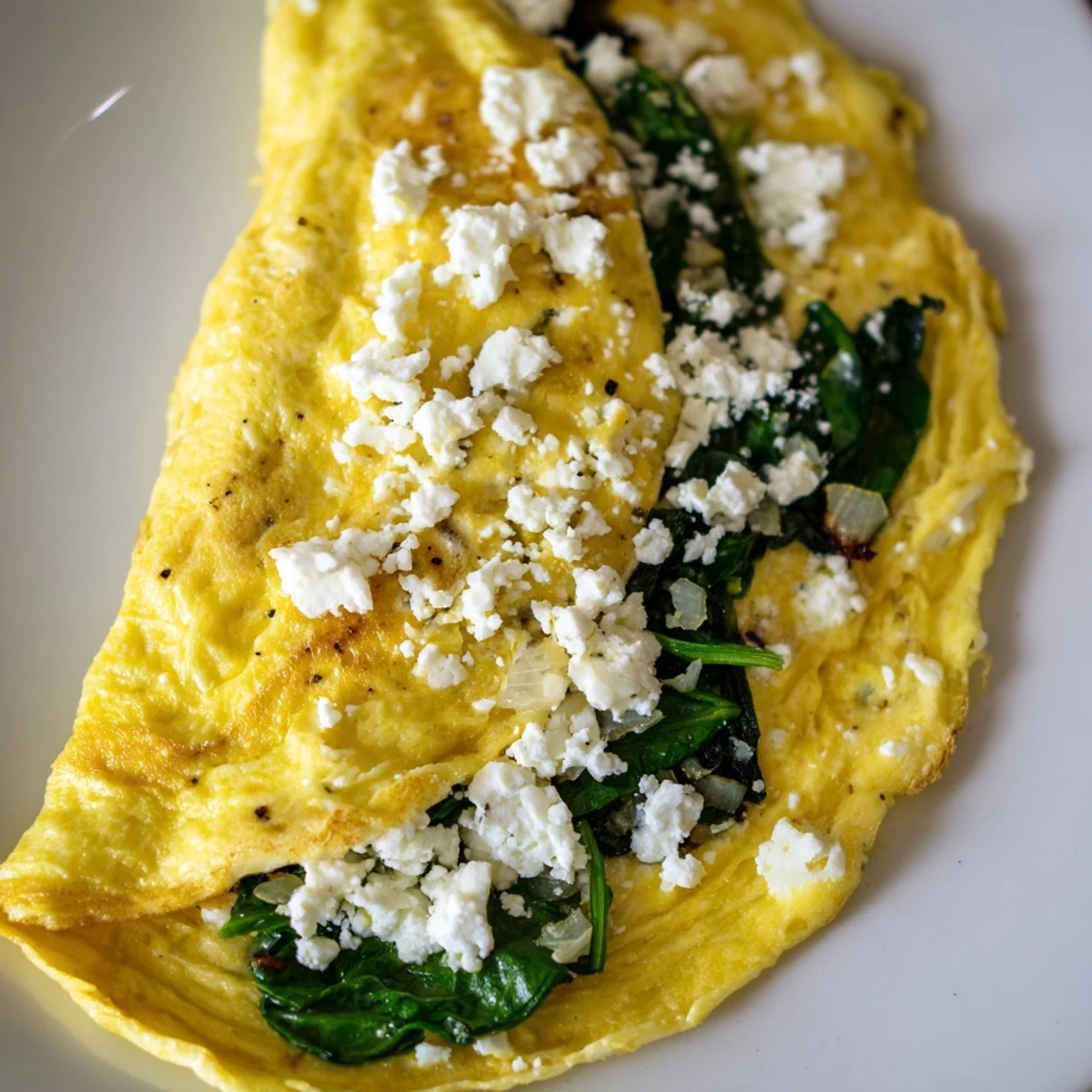 A close-up of the 15-Minute Spinach and Feta Omelet, showcasing golden eggs folded around wilted greens and creamy feta crumbles.