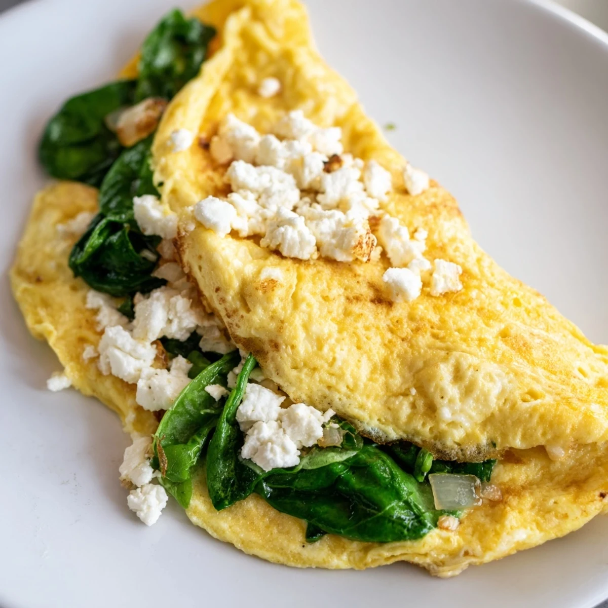 On a white plate, the 15-Minute Spinach and Feta Omelet is garnished with fresh herbs and served alongside buttered toast.