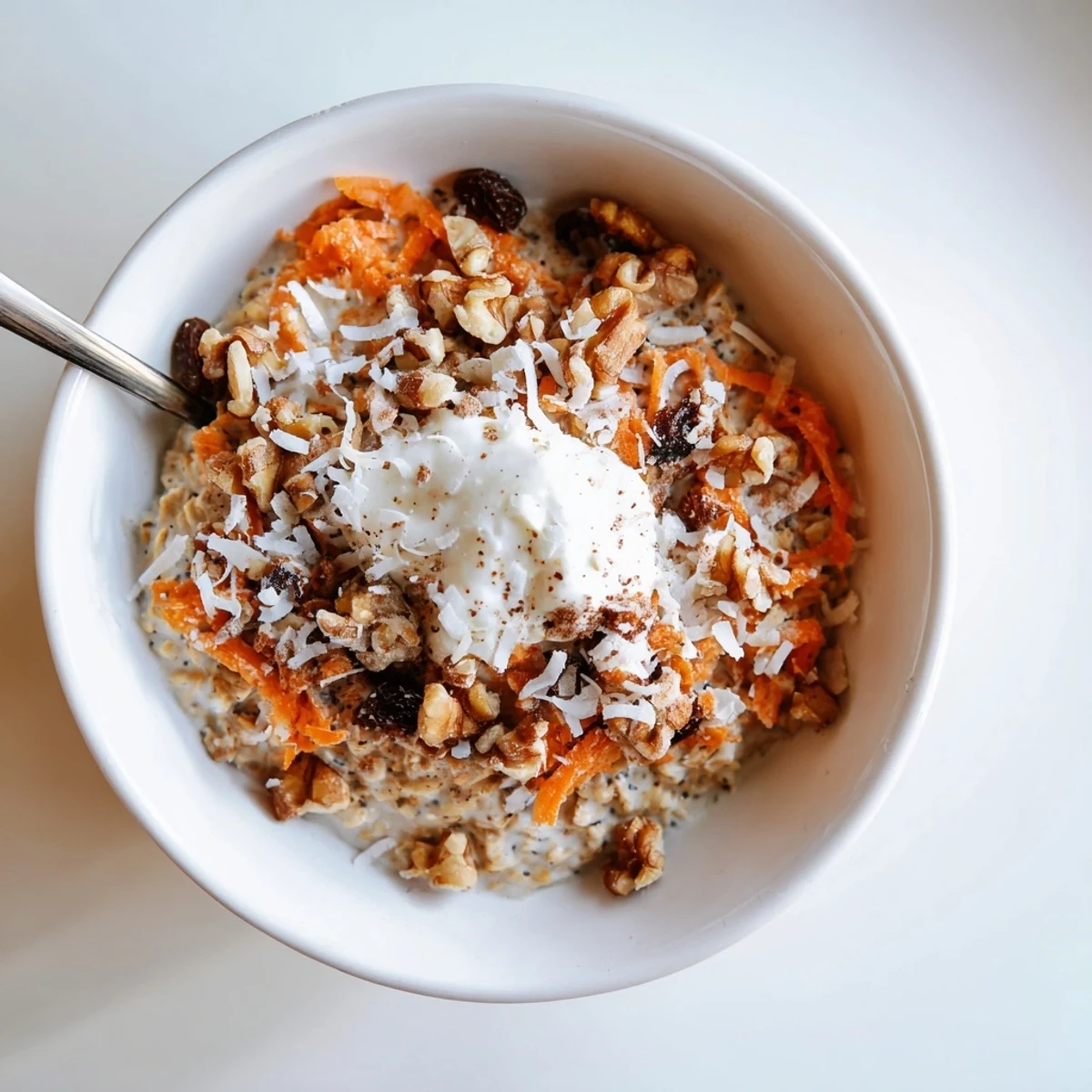 A bowl of Carrot Cake Overnight Oats garnished with pecans and cinnamon, ready to serve for a wholesome breakfast.