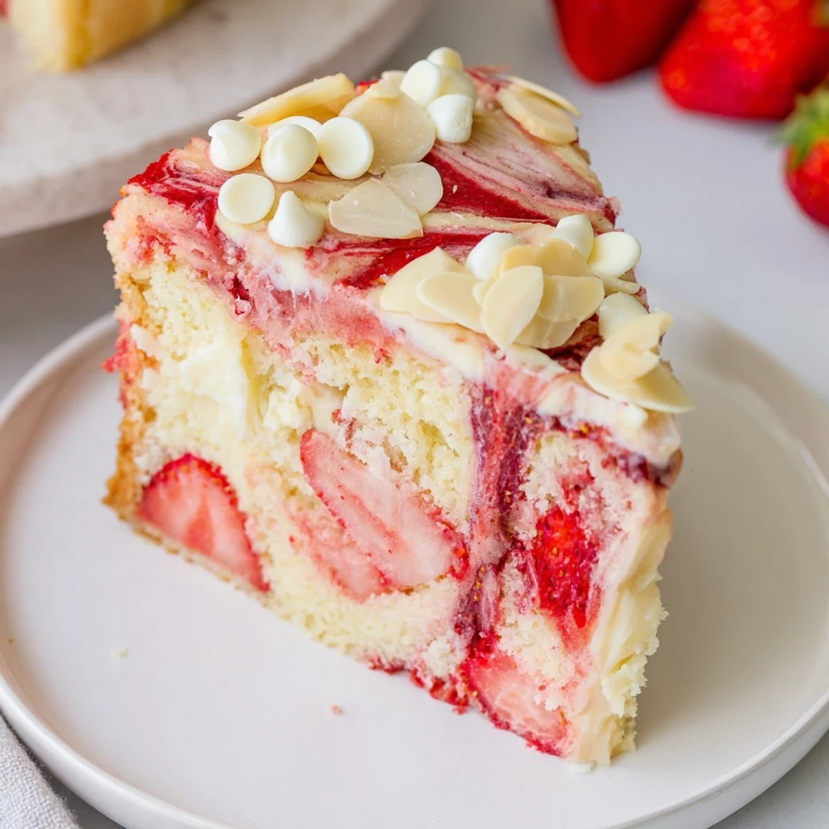 A slice of Irresistible Strawberry Earthquake Cake That Steals The Show on a white plate, featuring vibrant red strawberry swirls through creamy cheesecake layers.