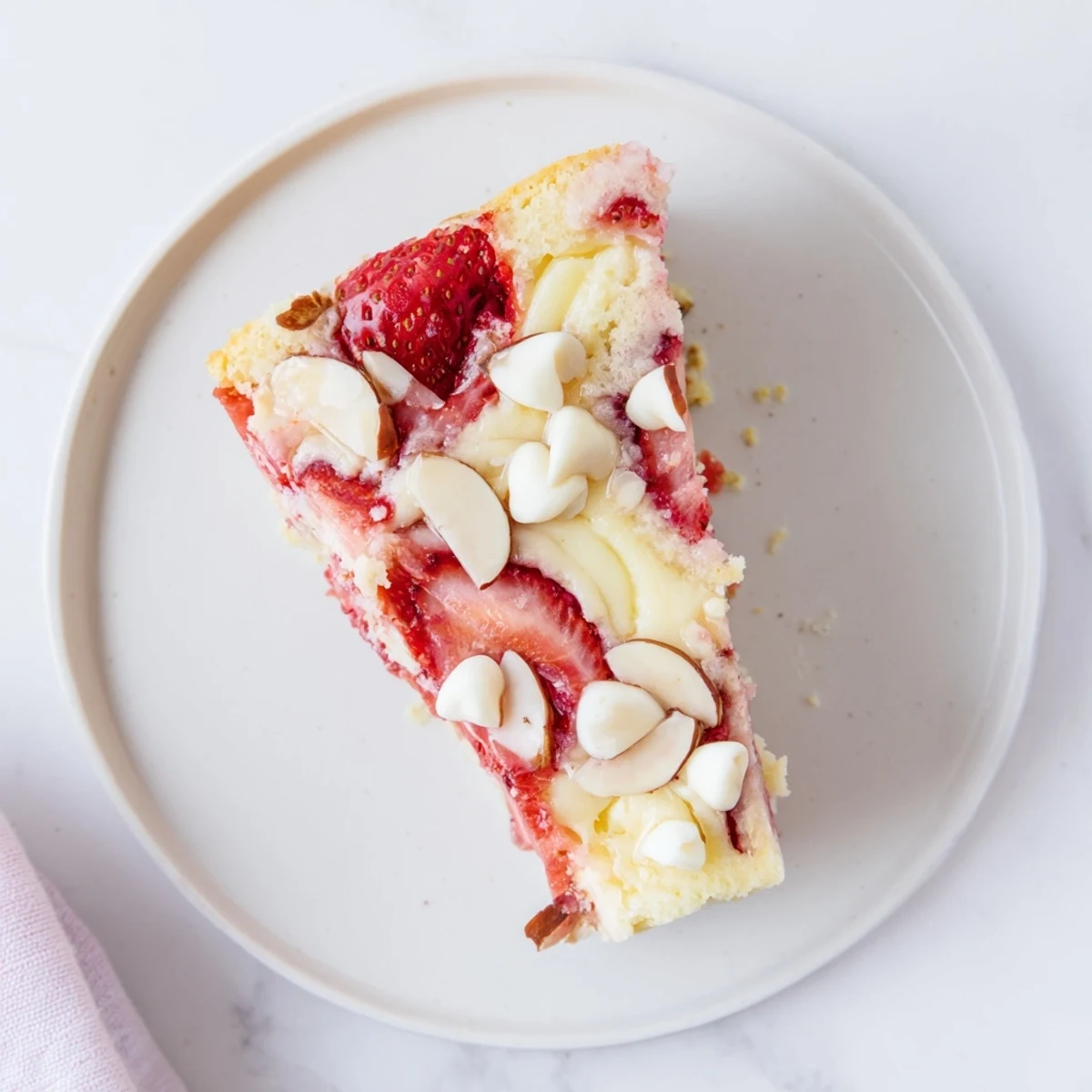 Overhead view of a freshly baked Irresistible Strawberry Earthquake Cake That Steals The Show in a pan, showing a dramatic marbled pattern with sliced strawberries.