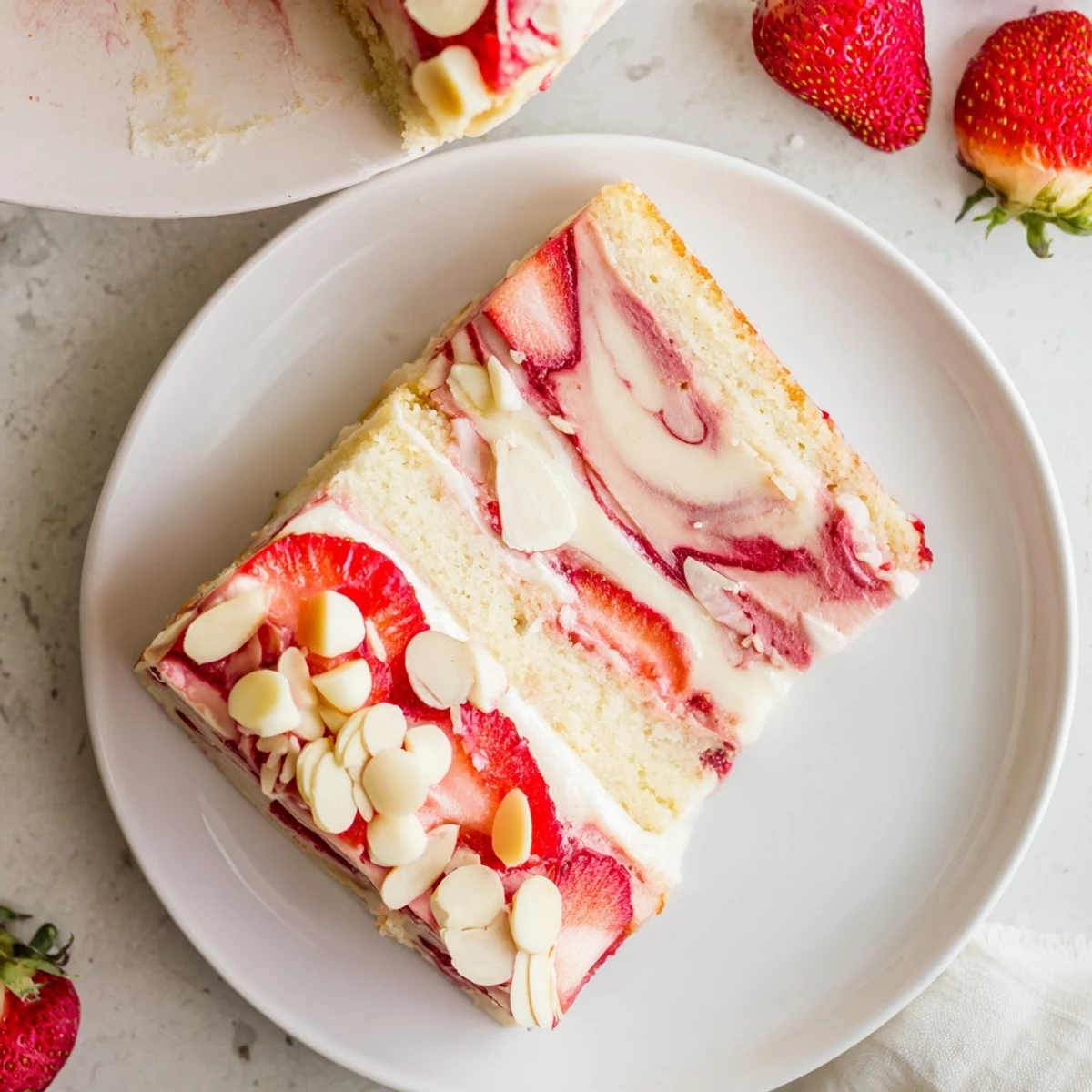 Vanilla cake crumbs and white chocolate chips garnish this Irresistible Strawberry Earthquake Cake That Steals The Show, served warm with a dollop of whipped cream.
