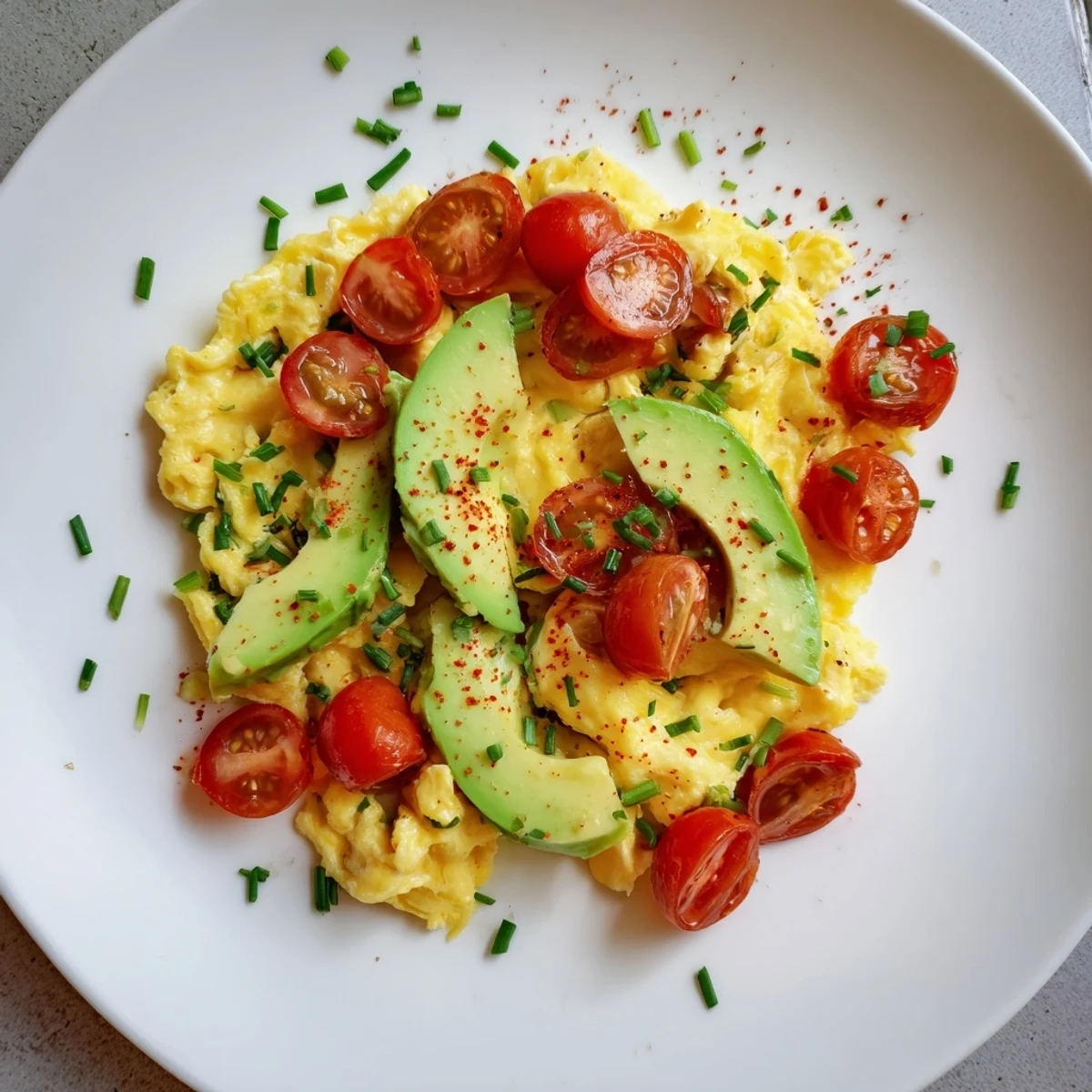 Fluffy eggs mixed with avocado and juicy seared tomatoes in a skillet, showcasing an easy breakfast recipe.