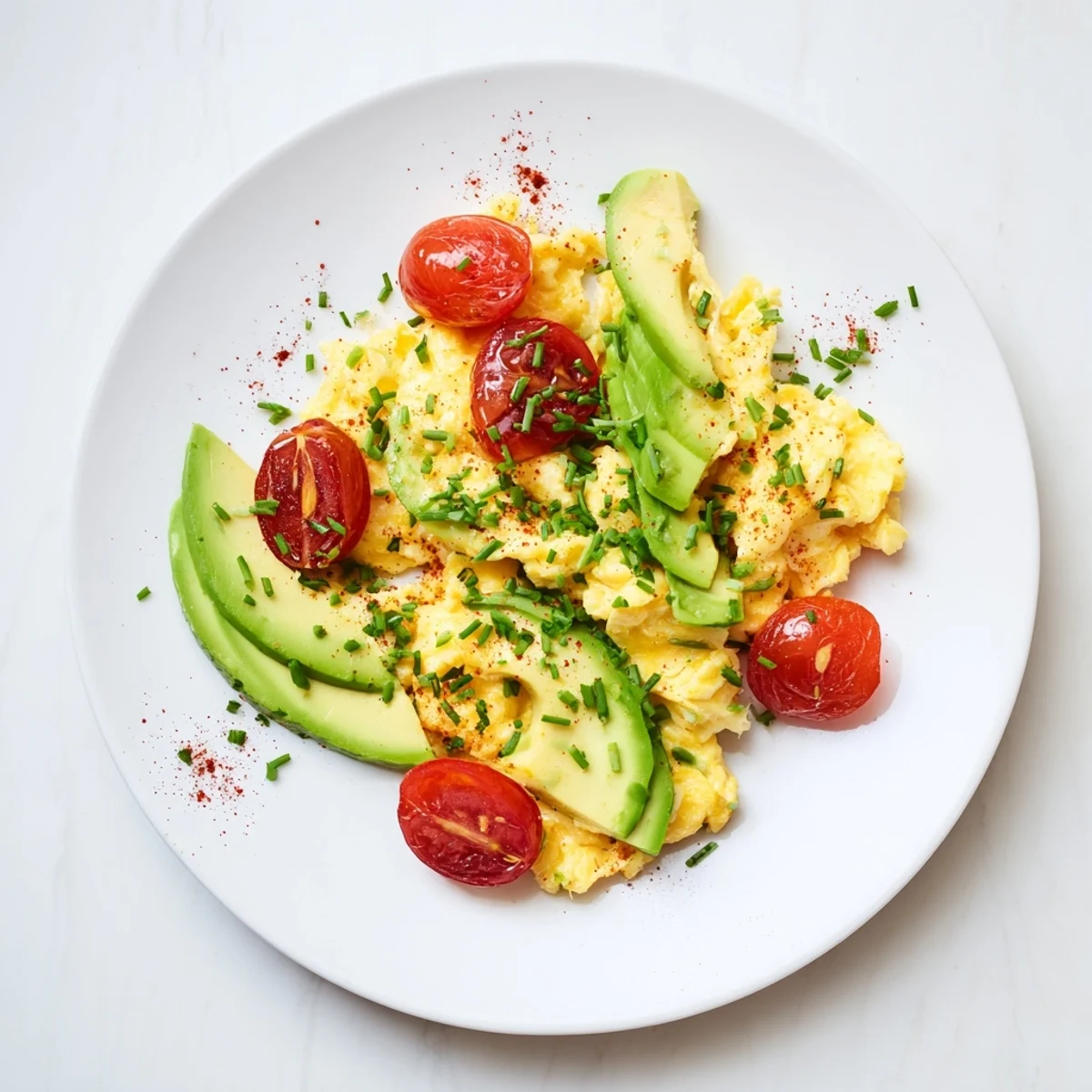 Colorful plate of scrambled eggs, avocado slices, and seared tomatoes with herbs, a quick vegetarian recipe idea.