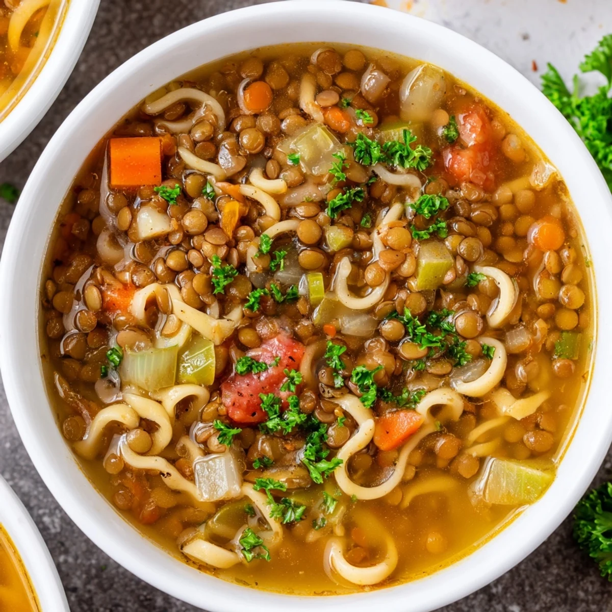 Steaming bowl of homemade Lentil Noodle Soup garnished with fresh parsley and lemon wedges. 